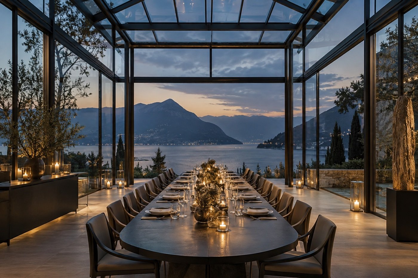 Table de réception dans un pavillon privé face à un lac