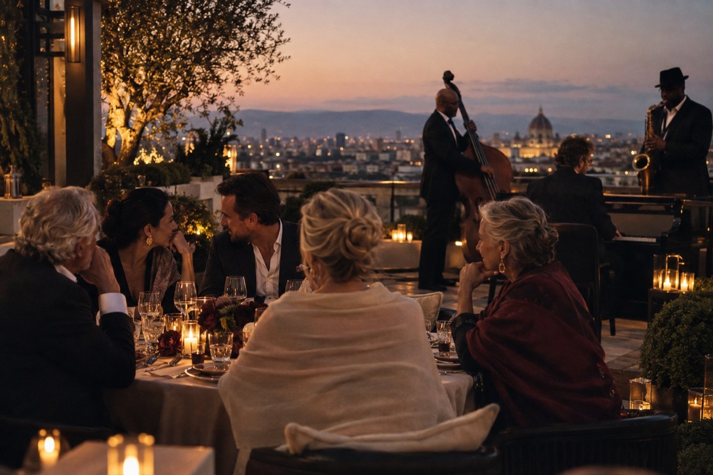 Réception privée et concert de jazz sur une terrasse au crépuscule