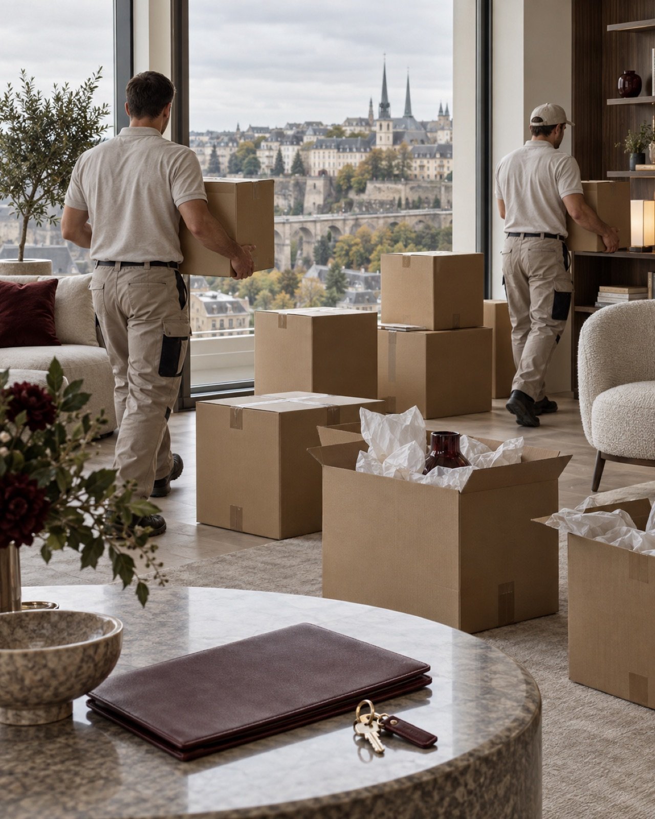 Déménageurs professionnels préparant une installation au Luxembourg