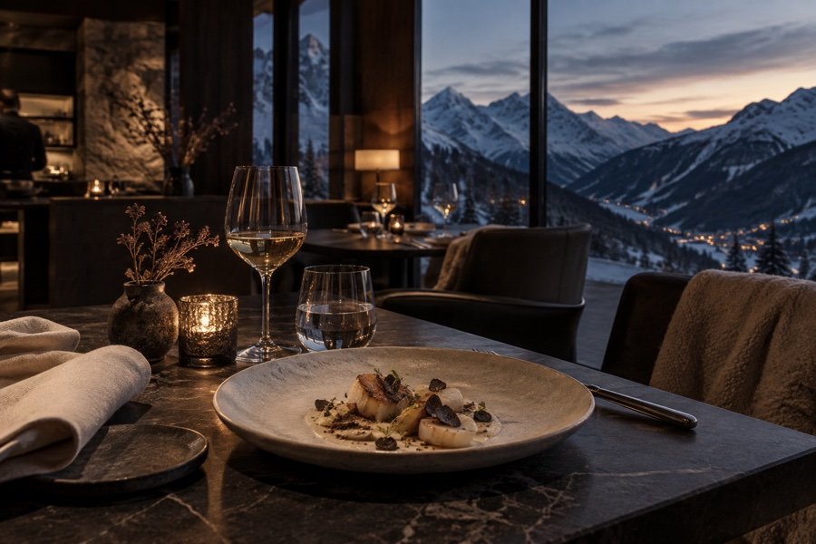 Table gastronomique face aux montagnes