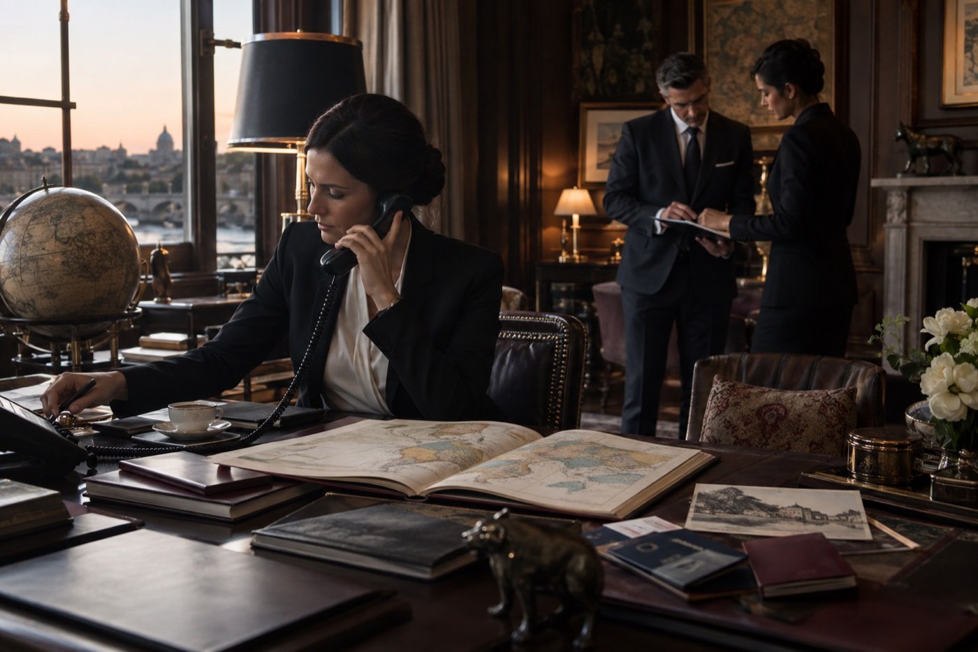 Concierge coordonnant une mission internationale depuis un bureau privé