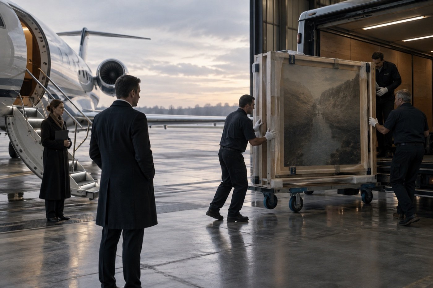 Transport spécialisé d’une œuvre entre un avion privé et un véhicule sécurisé