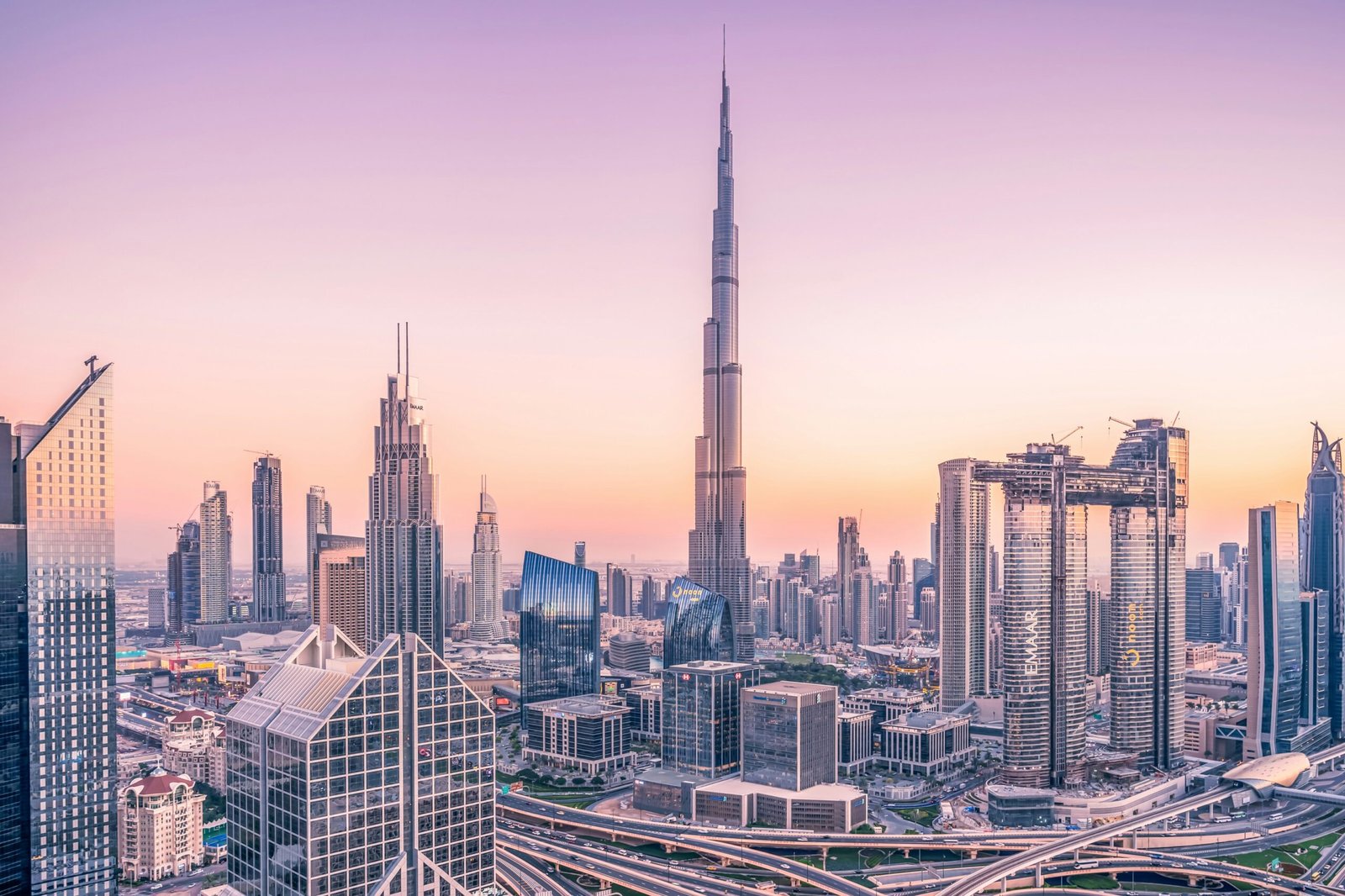 Dubai skyline and Burj Khalifa at sunset